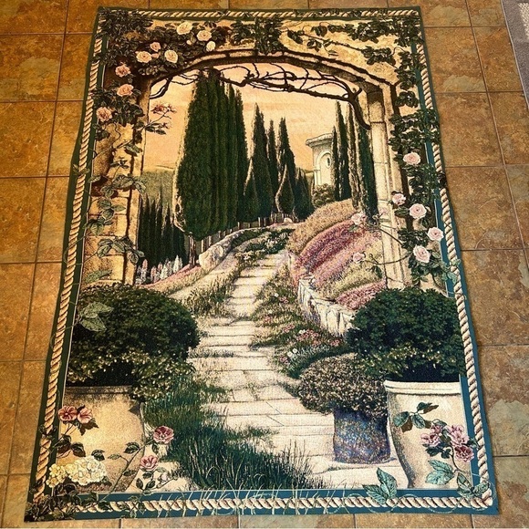 Vintage French Garden Pictoral Tapestry Large Size Wall Decor 5x6ft Cotton Blend